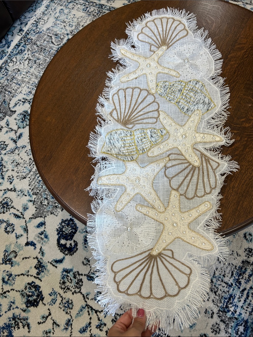 Coastal Seashell Starfish Table Runner in White pearls Seashell Beaded Runner - Picture 2 of 3